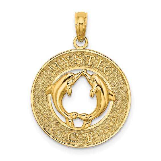 14k Yellow Gold Mystic CT Pendant with Dolphins 3/4in