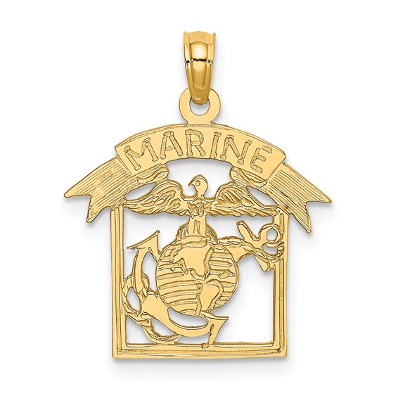 14k Yellow Gold 5/8in MARINE Eagle Globe and Anchor Frame Pendant