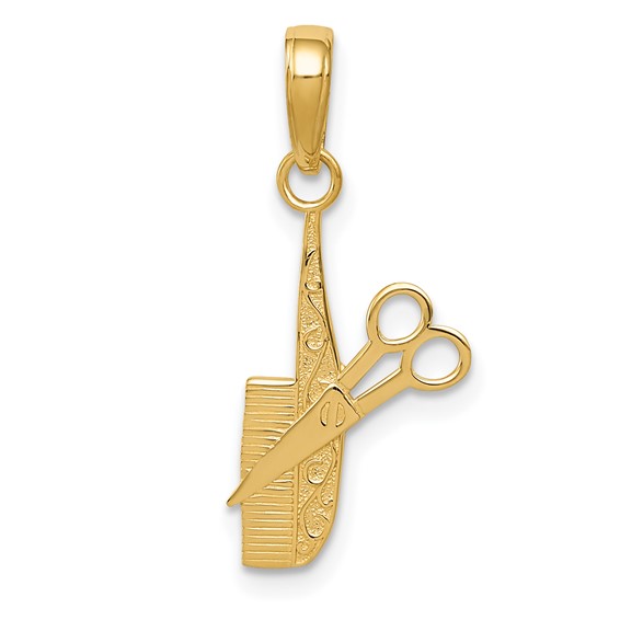 14k Yellow Gold Textured Hairdresser Comb and Scissors Pendant K4940