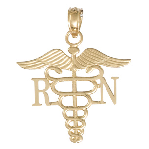 14k Yellow Gold 3/4in RN Nurse Caduceus Pendant