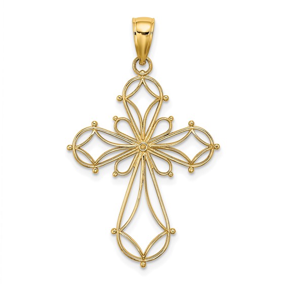 14kt Yellow Gold 1in Cut-Out Cross with Bead Accents