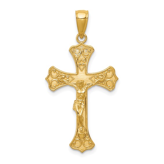 14k Yellow Gold Crucifix Pendant with Engraved Hearts 1 1/4in