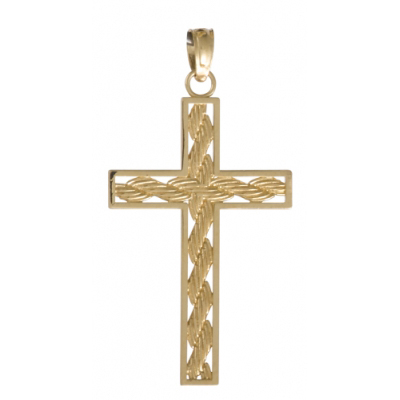 14kt Yellow Gold 1in Block Cross Pendant with Rope Center
