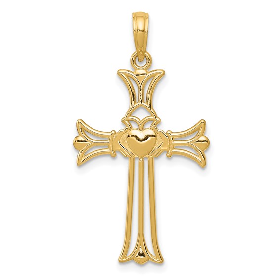 14kt Yellow Gold 1in Budded Claddagh Cross Pendant