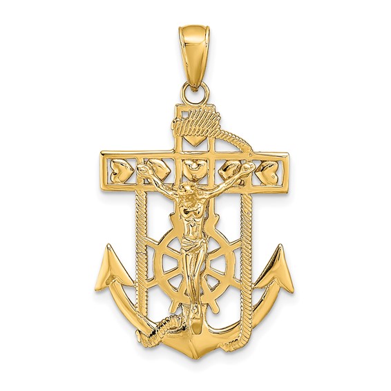 14kt Yellow Gold 1in Mariners Cross Pendant with Hearts