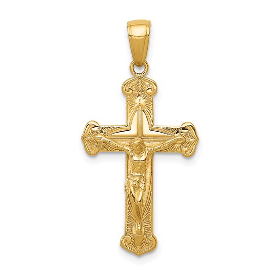 14k Yellow Gold Budded Crucifix Pendant 7/8in