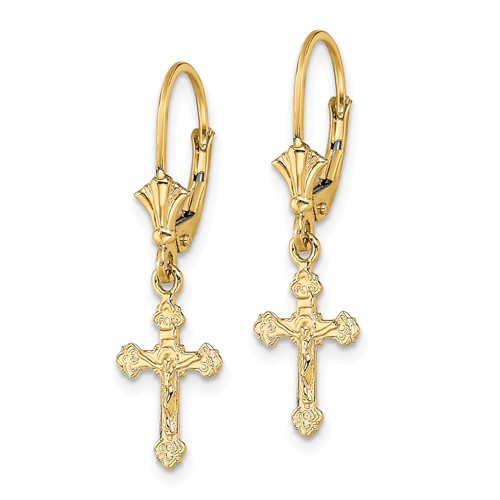 14kt Yellow Gold Crucifix Cross Leverback Earrings