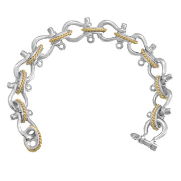 Sterling Silver Men's Nautical Shackle Bracelet 14k Gold Accents 9.5in