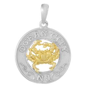 Sterling Silver 3/4in Ocean City Pendant with 14kt Gold Crab