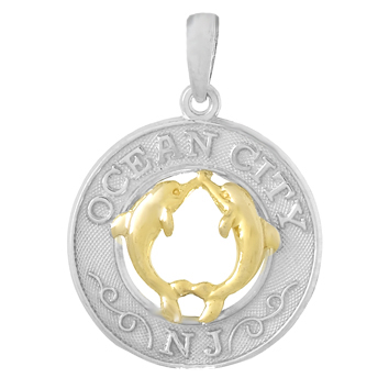 Sterling Silver 3/4in Ocean City Pendant with 14kt Gold Dolphins