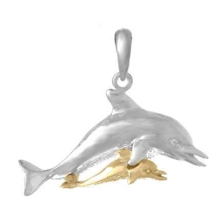 Sterling Silver 3/4in Dolphin Pendant with 14kt Gold Calf