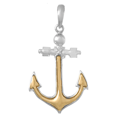 Sterling Silver Anchor Pendant with 14k Gold Inlay 1 1/4in