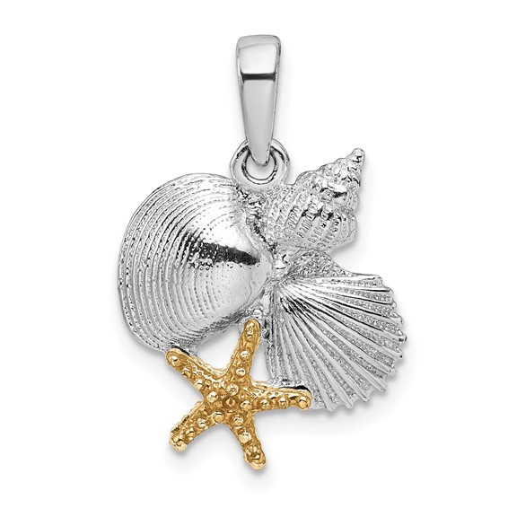 Sterling Silver 3/4in Shell Cluster Pendant with 14kt Gold Starfish