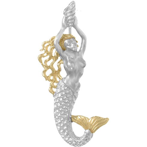 Sterling Silver 1 3/4in Mermaid Pendant with 14kt Gold Hair