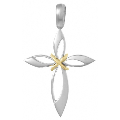 Sterling Silver 1 1/4in Tapered Wrapped Cross 14kt Yellow Gold Accents