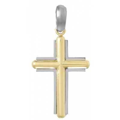 Sterling Silver Rounded Cross Pendant with 14k Yellow Gold Center 1in