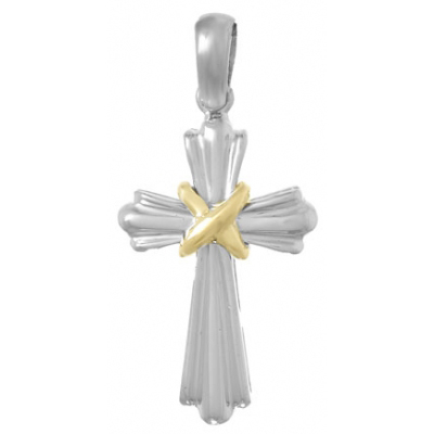 Sterling Silver Ribbed Cross Pendant with 14kt Yellow Gold Accent
