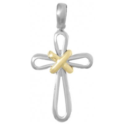 Sterling Silver Round Cross Pendant with 14kt Yellow Gold Accent 41mm