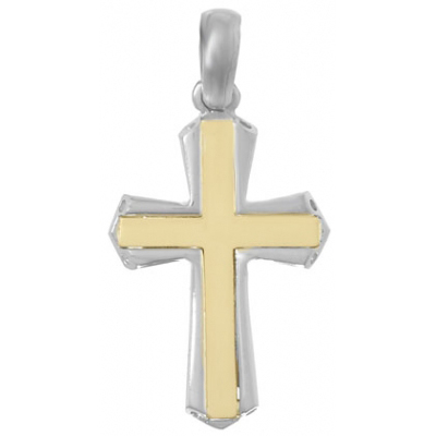 Sterling Silver and 14k Yellow Gold Tapered Cross Pendant 7/8in