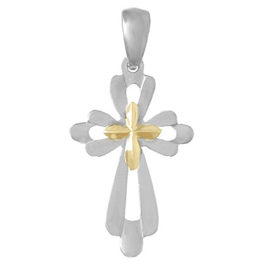 Sterling Silver and 14kt Yellow Gold Tapered Cross Pendant 3/4in