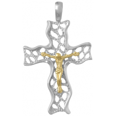 51mm Sterling Silver Crucifix Pendant with 14kt Yellow Gold Jesus