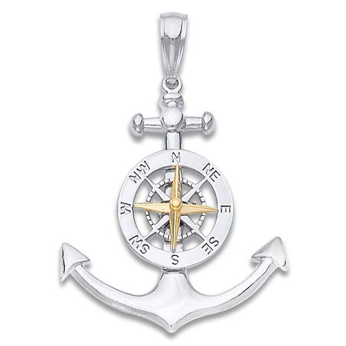Sterling Silver and 14k Gold Anchor and Compass Pendant 1 1/2in