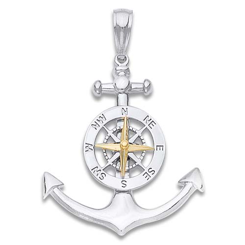 Sterling Silver and 14k Gold Anchor and Compass Pendant 1 1/2in SGC138