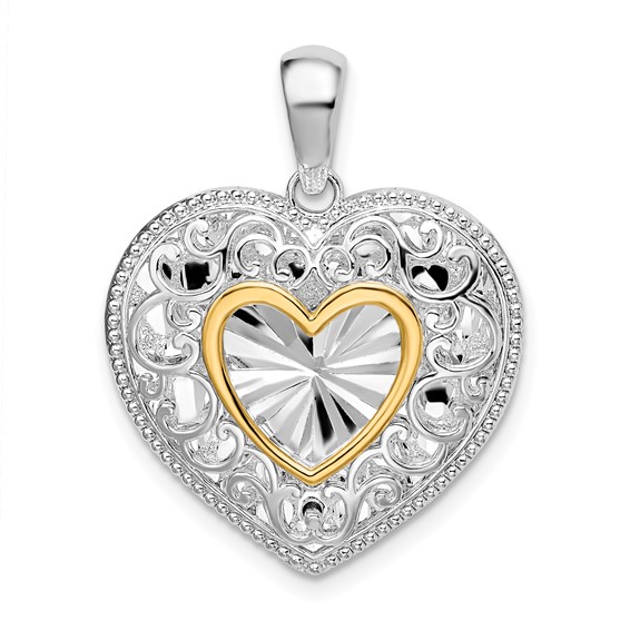 Sterling Silver Heart Pendant Starburst Center 14k Gold Accent 7/8in