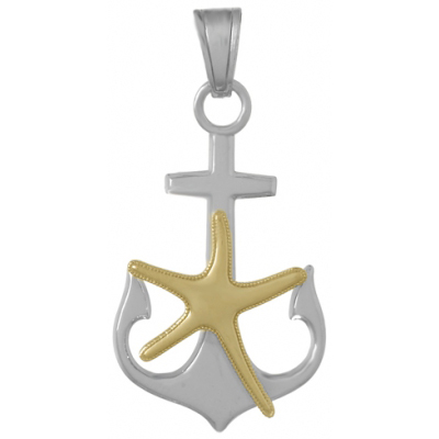 Sterling Silver 1 1/4in Anchor Pendant with 14kt Gold Starfish