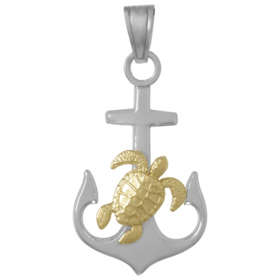 Sterling Silver 1 1/4in Anchor Pendant with 14kt Gold Sea Turtle