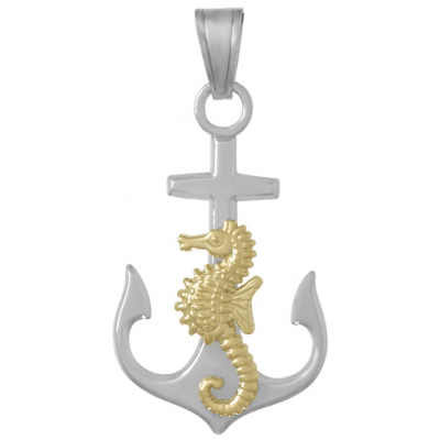 Sterling Silver 1 1/4in Anchor Pendant with 14kt Gold Seahorse