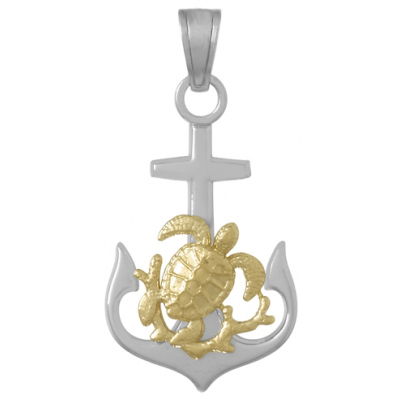 Sterling Silver 1 1/4in Anchor Pendant with 14kt Gold Turtle and Coral