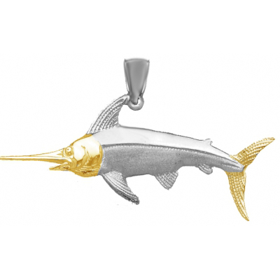 Sterling Silver 1in Swordfish Pendant with 14kt Gold Face