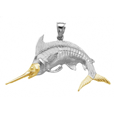 Sterling Silver 1in Jumping Marlin Pendant with 14kt Gold Face