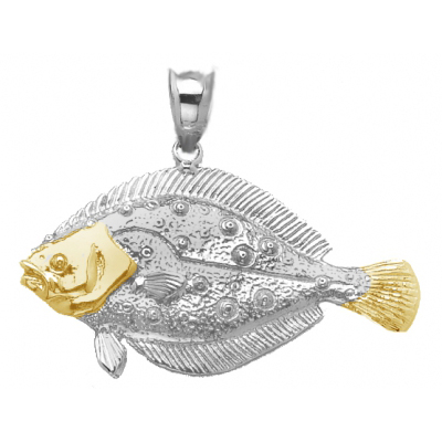 Sterling Silver 7/8in Flounder Pendant with 14kt Gold Face
