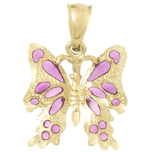 14kt Yellow Gold 20mm Pink Enamel Butterfly Pendant 