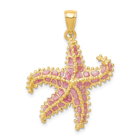 14k Yellow Gold Starfish Pendant with Pink Translucent Accents 3/4in