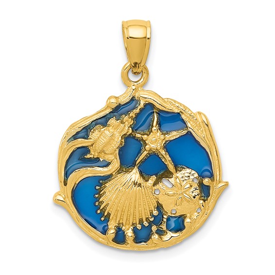 14kt Gold 14mm Shell Cluster Pendant with Blue Enamel