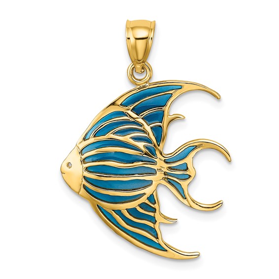 14k Yellow Gold Angelfish Pendant with Blue Enamel 7/8in