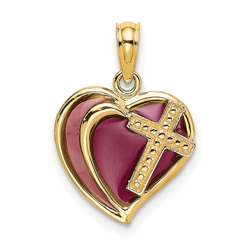 14kt Yellow Gold Cross Heart Pendant with Purple Enamel