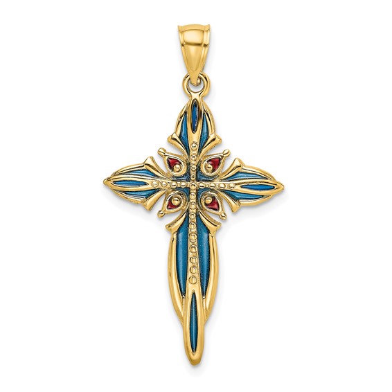 14kt Yellow Gold Translucent Blue Enamel Cross Pendant