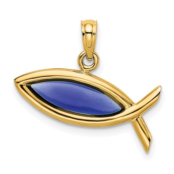14kt Yellow Gold Christian Fish Pendant with Blue Enamel