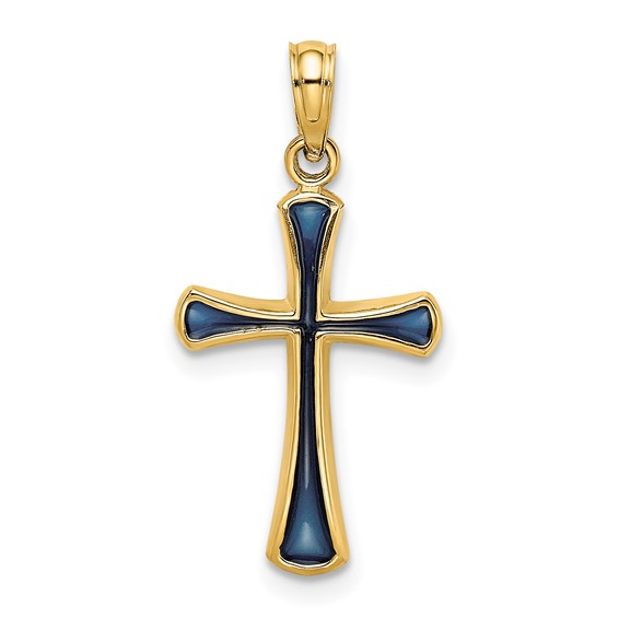 14kt Yellow Gold 5/8in Cross Pendant with Blue Translucent Enamel