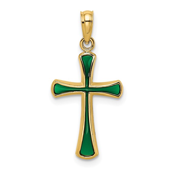 14kt Yellow Gold 5/8in Cross with Green Translucent Enamel