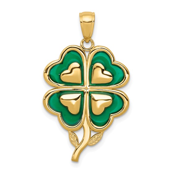 14k Yellow Gold 1in Four Leaf Clover Heart Pendant with Green Acrylic