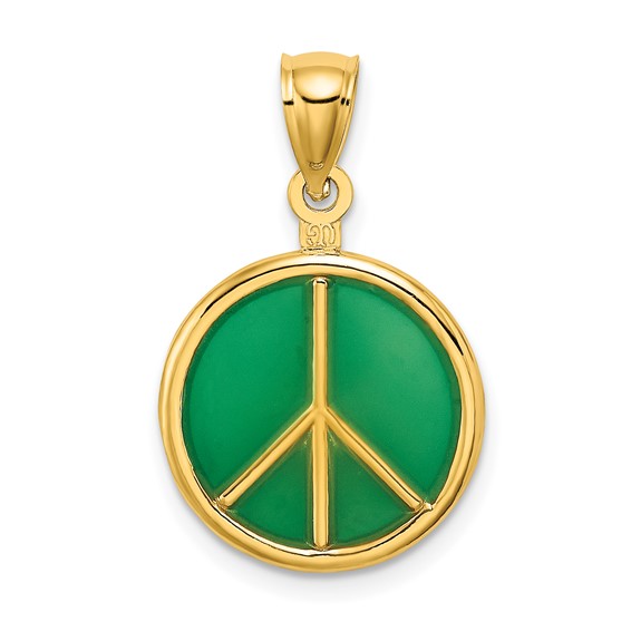 14k Yellow Gold 5/8in Peace Symbol Pendant with Green Glass