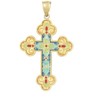 14kt Yellow Gold Budded Cross Pendant with Enamel
