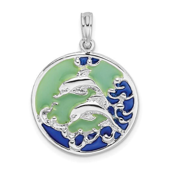 Sterling Silver Dolphin Circle Pendant with Enamel