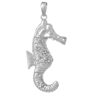 Sterling Silver 1 1/2in Large Diamond-cut Seahorse Pendant