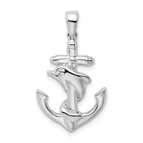 Sterling Silver 7/8in Dolphin Curling Around Anchor Pendant
